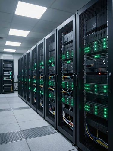Wide shot of a production server rack room, overhead fluorescent lighting, dense cable management visible, status LEDs blinking green, deep perspective showing rows of infrastructure extending into the background — no people, no staged elements