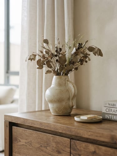 Close-up of a curated residential interior vignette, a ceramic vase on an oak timber console, soft morning daylight, neutral linen tones, architectural style, 35mm, shallow depth of field