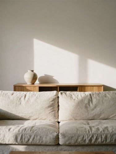 Straight-on architectural shot of a sun-drenched Melbourne living room, soft morning daylight, neutral linen sofa, oak timber console with a single ceramic vase, warm editorial minimalism, 35mm