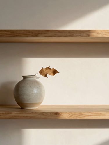 Straight-on architectural shot of a minimalist timber shelf adorned with a ceramic vessel and a single dried leaf, soft morning daylight casting gentle shadows, warm editorial style.