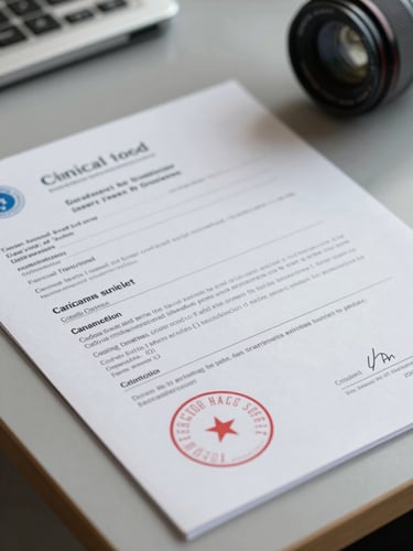 A close-up photograph of clinical credential documents on a slate gray desk, natural daylight, sharp focus on official stamps.