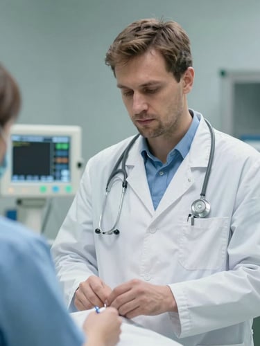 Medium close-up of a focused physician reviewing medical charts on a screen, cool daylight-balanced illumination, clean clinical environment.