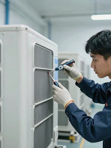 A professional technician using precise tools to repair a clean modern air conditioning condenser unit, bright cool-toned workshop lighting, sharp focus, 35mm lens