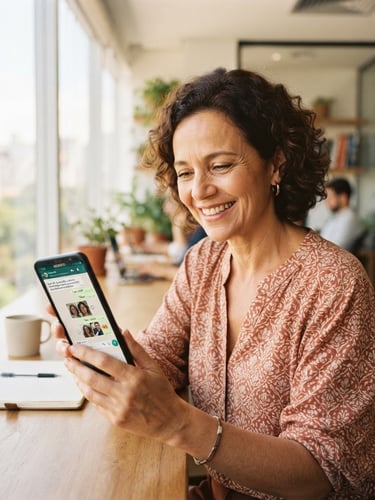 Mulher brasileira sorrindo, de meia-idade, segurando um smartphone com a tela do WhatsApp aberta, em um ambiente de escritório moderno e iluminado por luz natural. Foco no rosto e nas mãos. Fotografia editorial quente, tons suaves e saturados.