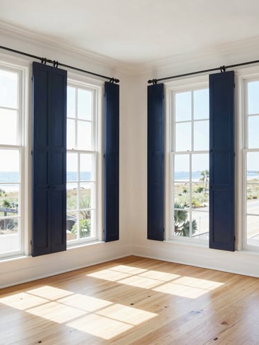 Bright sunlit historic Charleston living room with pristine hardwood floors, high-key natural coastal daylight pouring through tall windows, deep navy accents, sharp 35mm focus.