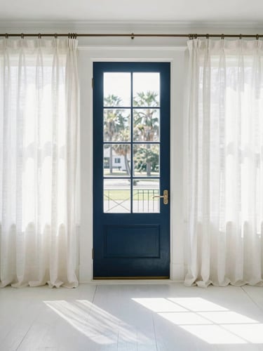 Bright sunlit historic Charleston single house interior, high-key natural coastal daylight, pristine heart pine floors, white linen curtains, 35mm photography