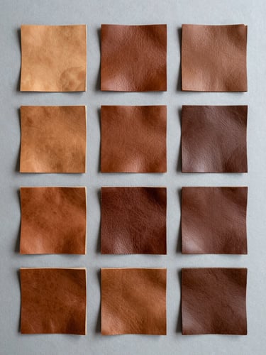 Overhead lay-flat of leather material samples arranged in a precise grid on a neutral grey surface, cool north-facing daylight, swatches organized by grain and tone from tan to dark brown, no text or labels visible, clean documentary framing