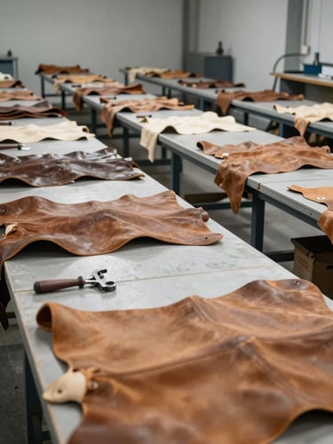 Wide shot of an organized leather manufacturing floor in cool diffused daylight, rows of cutting tables with precisely stacked hides in muted tans and browns, industrial precision visible in the alignment of tools and materials, no people, neutral background walls