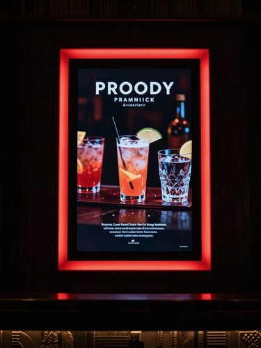 Moody interior photography of a luxury hotel lobby bar, vertical digital display showing premium cocktails, glowing red accents, soft dark environment, 35mm