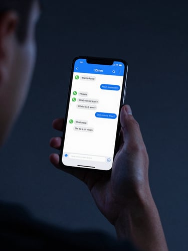 Over-the-shoulder perspective of a person holding a smartphone showing a clean WhatsApp chat screen with blue accents, cool dark studio lighting, 35mm