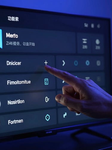 Close-up of hands configuring a modern Smart TV menu showing connection settings, deep blue ambient glow, high-contrast dark photography, sharp focus