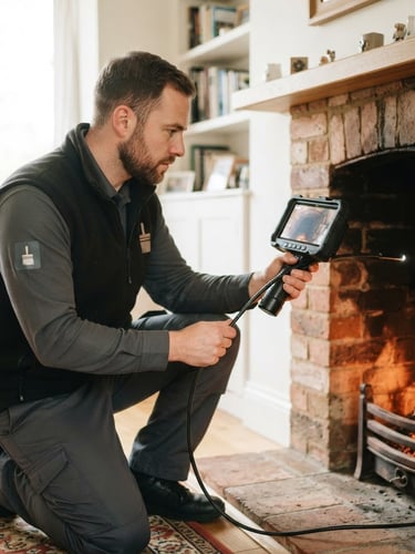 Professional chimney sweep in clean uniform using a high-tech inspection camera, focused on the camera feed, bright natural indoor light, warm hearth glow, 35mm lens