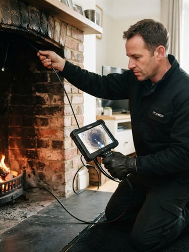 Professional chimney sweep in a clean uniform using an inspection camera inside a flue, bright natural indoor light, sharp focus, 35mm lens