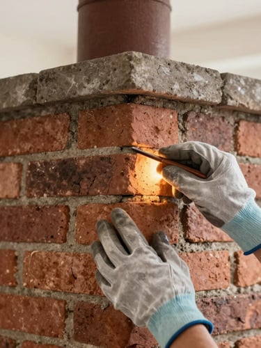 Close-up of a chimney technician's gloved hands meticulously tuckpointing brick masonry, warm hearth glow, sharp focus, 35mm lens
