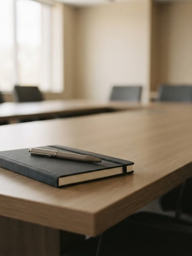 Wide, minimalist shot of a modern, empty conference room bathed in soft, diffused daylight, a single, neutral-toned pen resting on a dark notebook at the corner of a long table, shallow depth of field, charcoal and warm sand tones.