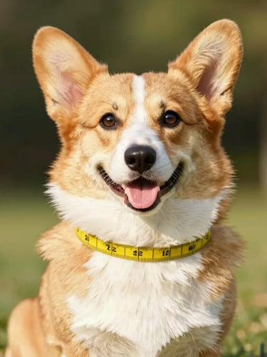 Eye-level bright portrait of a happy Pembroke Welsh Corgi being gently measured with a yellow tape measure around its chest, warm natural daylight, soft focus background