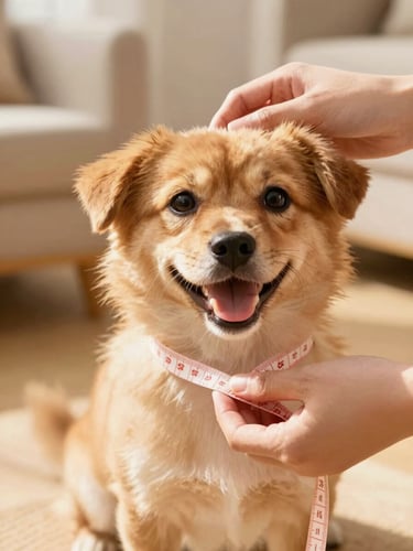 A close-up of hands gently measuring a happy small dog with a soft tape measure, warm natural light, cozy home setting.