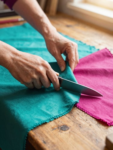 Close-up of artisan hands cutting vibrant teal and magenta fabrics on a rustic wooden table, soft natural daylight, warm cozy workshop atmosphere
