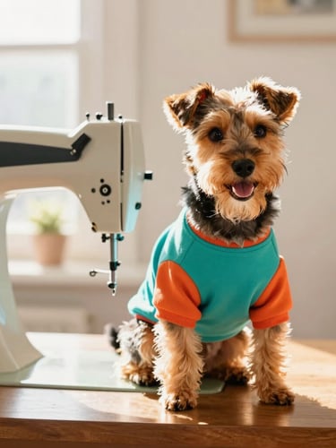 A happy small terrier dog wearing a colorful handmade teal shirt sitting next to a vintage sewing machine in a bright, sunlit room, warm daylight