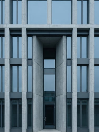 Symmetrical architectural detail of a modern concrete and steel facade, clean lines, cool overcast daylight, sharp focus, desaturated blue tones