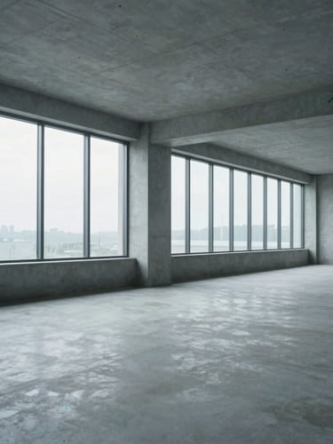 Interior architectural photography of a minimalist empty concrete and glass collaborative workspace, cool overcast natural light filtering through large windows, desaturated tones