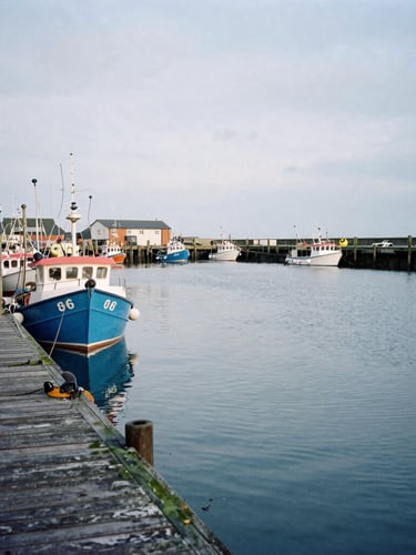 A wide shot of Gloucester waterfront harbor on an overcast morning, weathered docks, fishing boats, cool coastal daylight, 35mm
