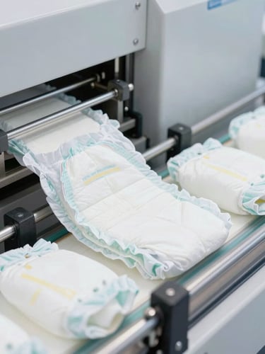 Close-up portrait of a high-speed diaper manufacturing machine, pristine steel components, unbranded white diaper cores moving rapidly along a conveyor belt, clinical lighting.