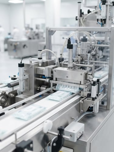 A high-key studio photo of an automated hygiene manufacturing line, clean stainless steel machinery, soft clinical lighting, shallow depth of field