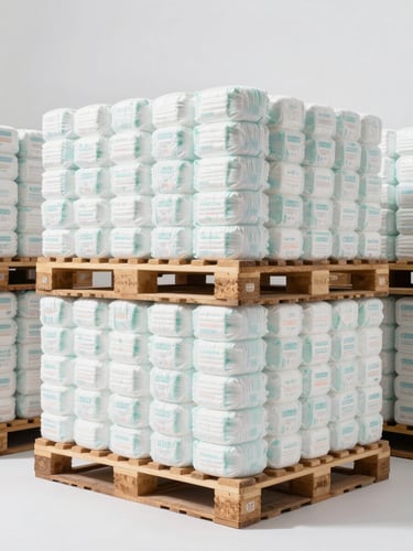 Neatly stacked bulk pallets of unbranded diaper cartons in a bright, clean, high-key warehouse with clinical B2B style lighting