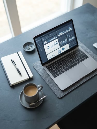 Overhead desk setup with a laptop displaying clean analytics charts, modern notebook, and coffee, sharp focus, cool slate tones, bright natural workspace lighting