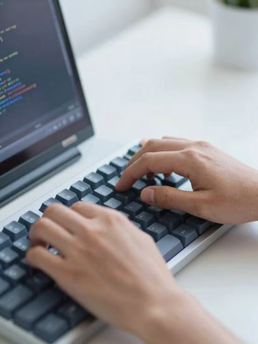 Close up of developer hands typing code on a mechanical keyboard, code editor visible on screen, shallow depth of field, cool blue and slate tones