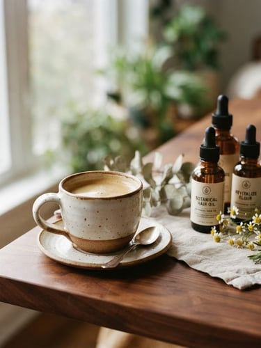 Warm editorial photography of a ceramic coffee cup resting next to botanical hair care bottles on a polished wooden table, soft natural window light, shallow depth of field, 35mm