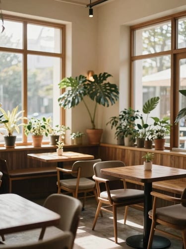 Warm editorial photography, interior view of a botanical-filled café and salon sanctuary, wooden accents, soft natural light filtering through large windows, 35mm.