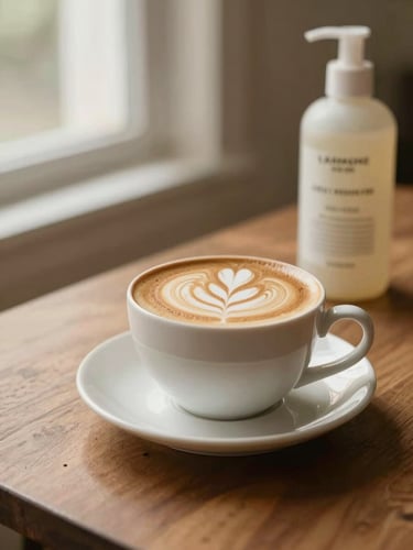 Warm editorial lifestyle shot of an elegant coffee cup with latte art sitting on a wooden table next to a botanical hair treatment bottle, soft morning light, shallow depth of field.