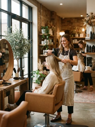A warm editorial photograph of a beautifully styled hair salon interior with soft natural window light, rich cream and coffee tones, shallow depth of field, 35mm