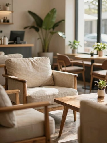 A beautiful, warm portrait of a sunlit lounge area inside a hybrid salon-café, featuring comfortable linen chairs, soft green plants, and a wooden coffee table, warm editorial photography