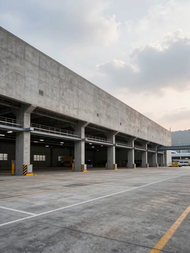 Wide environmental shot of a completed railway depot facility exterior in Hong Kong under overcast morning light, finished concrete facade and overhead rail gantry visible, empty forecourt showing scale of the completed structure, low horizon with grey sky, no workers or construction activity