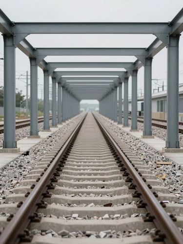 Close-up elevation view of a finished railway depot interior under diffused overcast light — steel portal frames, completed track bed, precise concrete finishes — shot from mid-aisle looking toward the far end, no personnel present