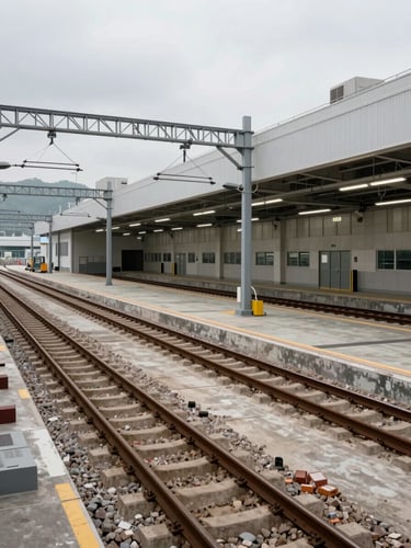 Wide panoramic shot of a completed MTR depot facility in Hong Kong, overcast daylight from the left, rail tracks receding into the facility interior, finished concrete platforms and overhead electrical gantries visible, no workers, no construction activity, facility fully operational