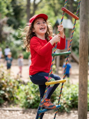 Dynamic eye-level photo of a child laughing while climbing a colorful rope ladder outdoors, bright natural daylight, wearing vibrant primary red clothing