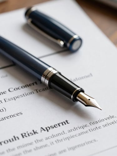 Close-up of a high-end fountain pen resting on a detailed corporate risk assessment contract, soft lighting, warm slate tones, shallow depth of field, professional.