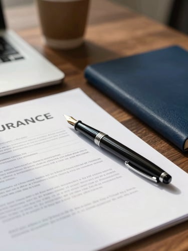 A sophisticated, clean desk setup with a fountain pen resting on a crisp insurance contract, warm natural light, shallow depth of field, professional corporate editorial style