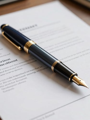 Close-up of a high-end fountain pen resting on a detailed corporate insurance contract, warm natural office light, deep navy and gold accents, shallow depth of field