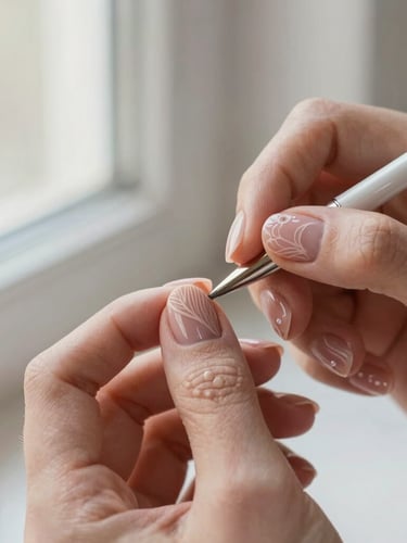Macro shot of artist hands carefully painting intricate fine-line nail art on a Gel-X nail, soft natural window light, warm nude and blush tones, shallow depth of field.