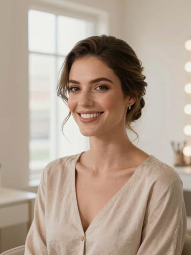 Elegant professional portrait of Andrea, a Latina beauty artist with styled hair, smiling warmly in her serene, minimalist beauty studio, soft natural window light, warm nude tones, 35mm film aesthetic.