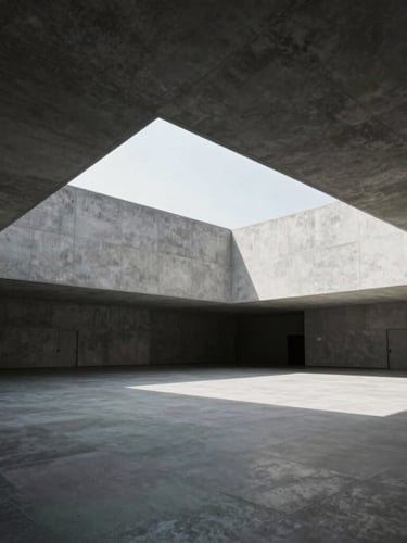Extreme wide-angle architectural shot of empty high-altitude diplomatic chambers, hard cold daylight, stark shadows cast by sharp geometric concrete angles.