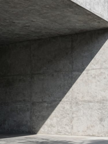 Stark brutalist concrete wall with sharp geometric shadows, cold daylight, clinical architectural lines, empty negative space