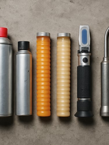 Overhead catalog arrangement on a concrete surface: a row of industrial lubricant containers — aerosol cans, sealed grease cartridges, a refractometer, and a metal applicator — shot from directly above under diffused studio strobe lighting, true color and viscosity visible, no lifestyle backgrounds