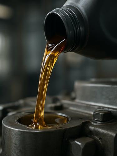Macro close-up of an industrial lubricant being poured from a container into machinery, viscous amber fluid mid-pour against a steel machine housing, diffused factory light, no people visible