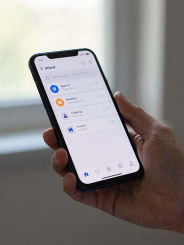 Close-up of a hand — thumb mid-tap on an Android phone screen, app UI visible in sharp focus, natural north-facing window light, forearm cropped at edge, background blurred to a soft neutral interior